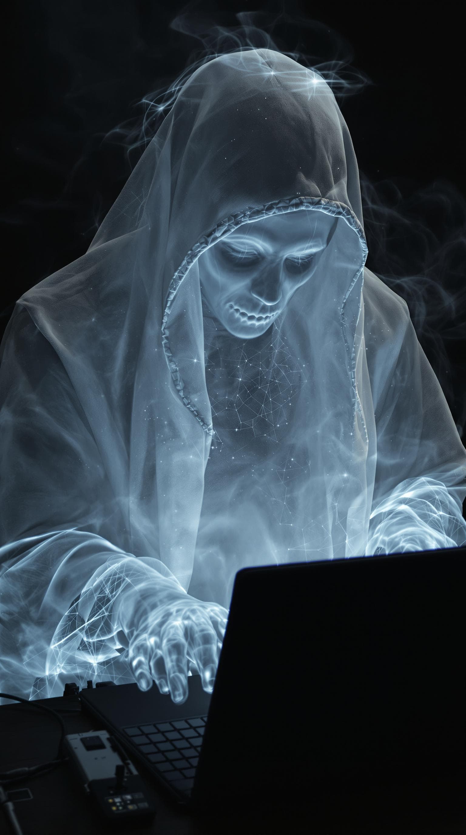 AI generated: A ghostly figure using a laptop, photorealistic, highly detailed, high contrast
