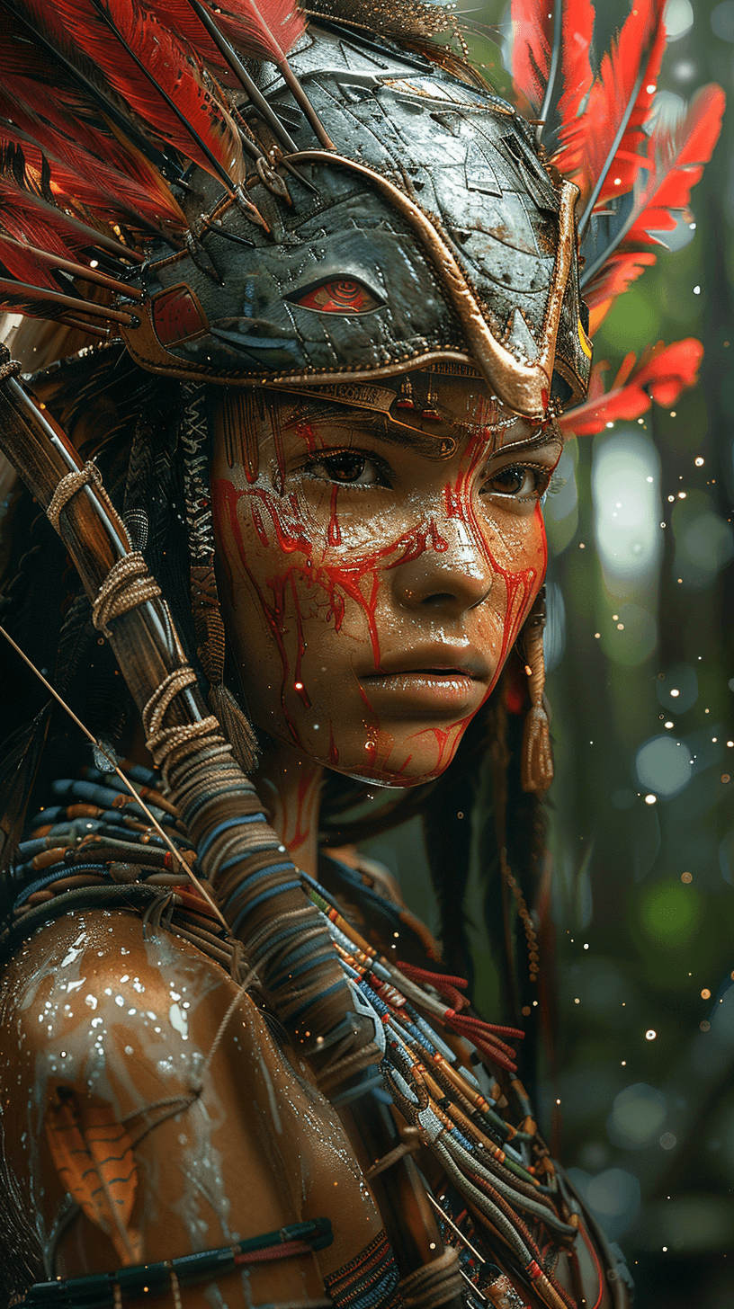 AI generated: Indigenous woman warrior, holding an alien bow and arrow, helmet with macaw feathers, chest armor, d...