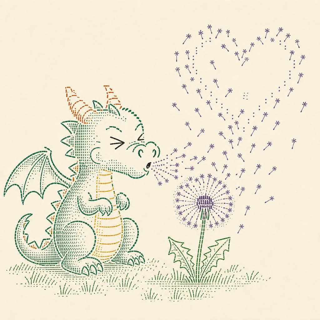 AI generated: using the images create A whimsical cartoon image of an animated dragon sniffing a dandelion, depict...