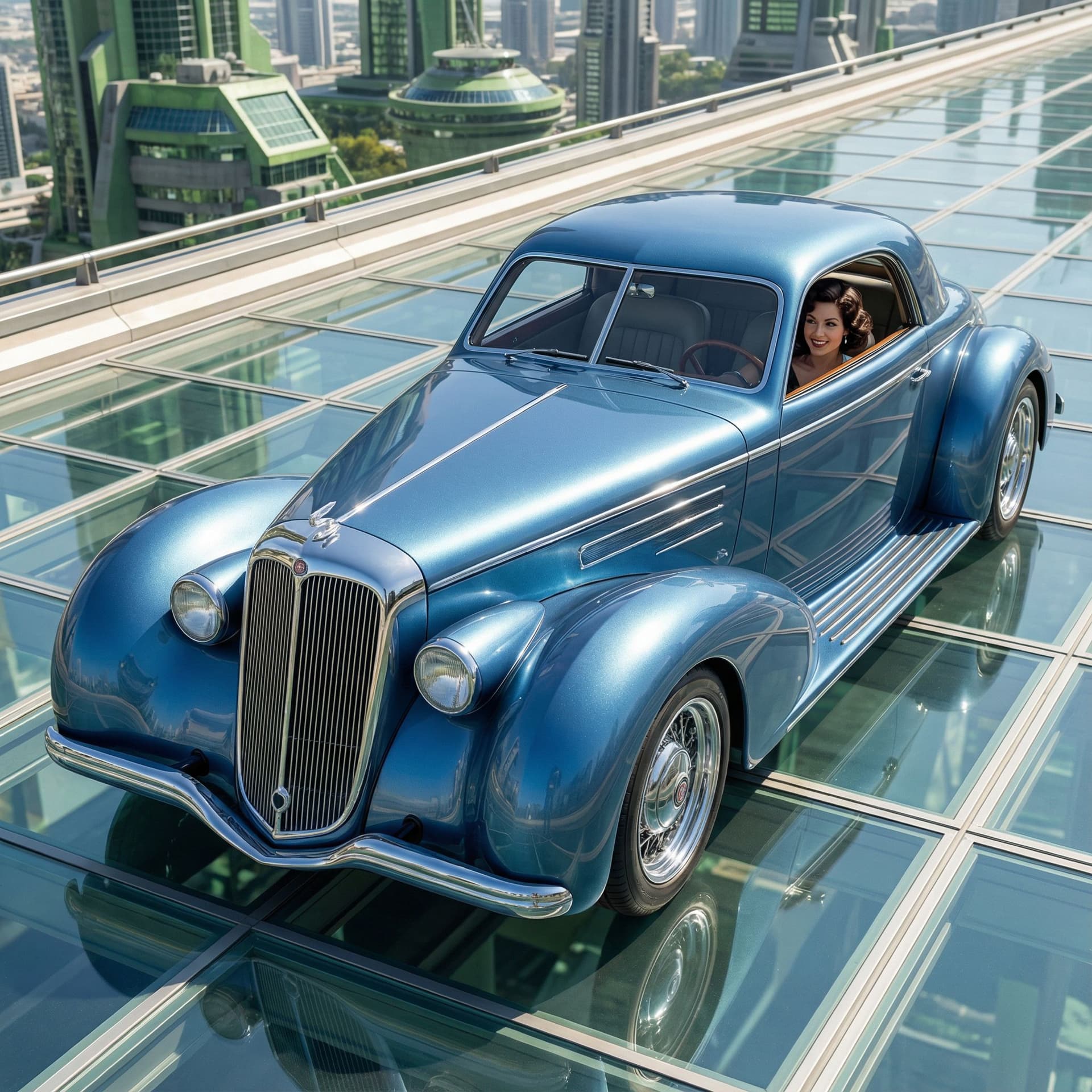 AI generated: 2040 Duesenberg. Photorealistic. 8K metallic blue. Female driver! 