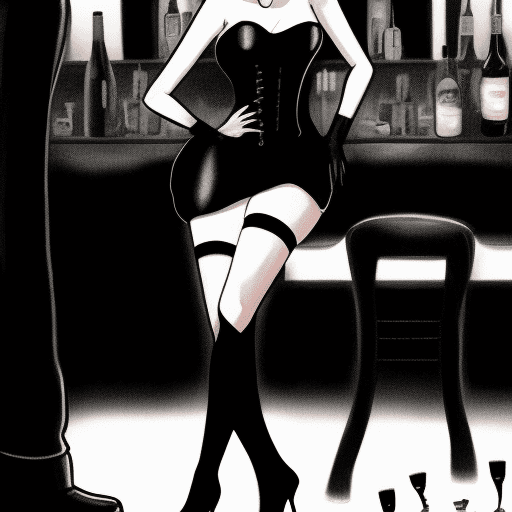 AI generated: Film Noir korean woman wearing strapless black minidress, long black gloves, black pantyhose, thigh-...
