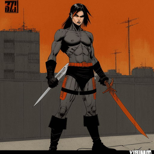 AI generated: a black and orange comic book character with a sword, in the style of enki bilal, yoji shinkawa, fra...