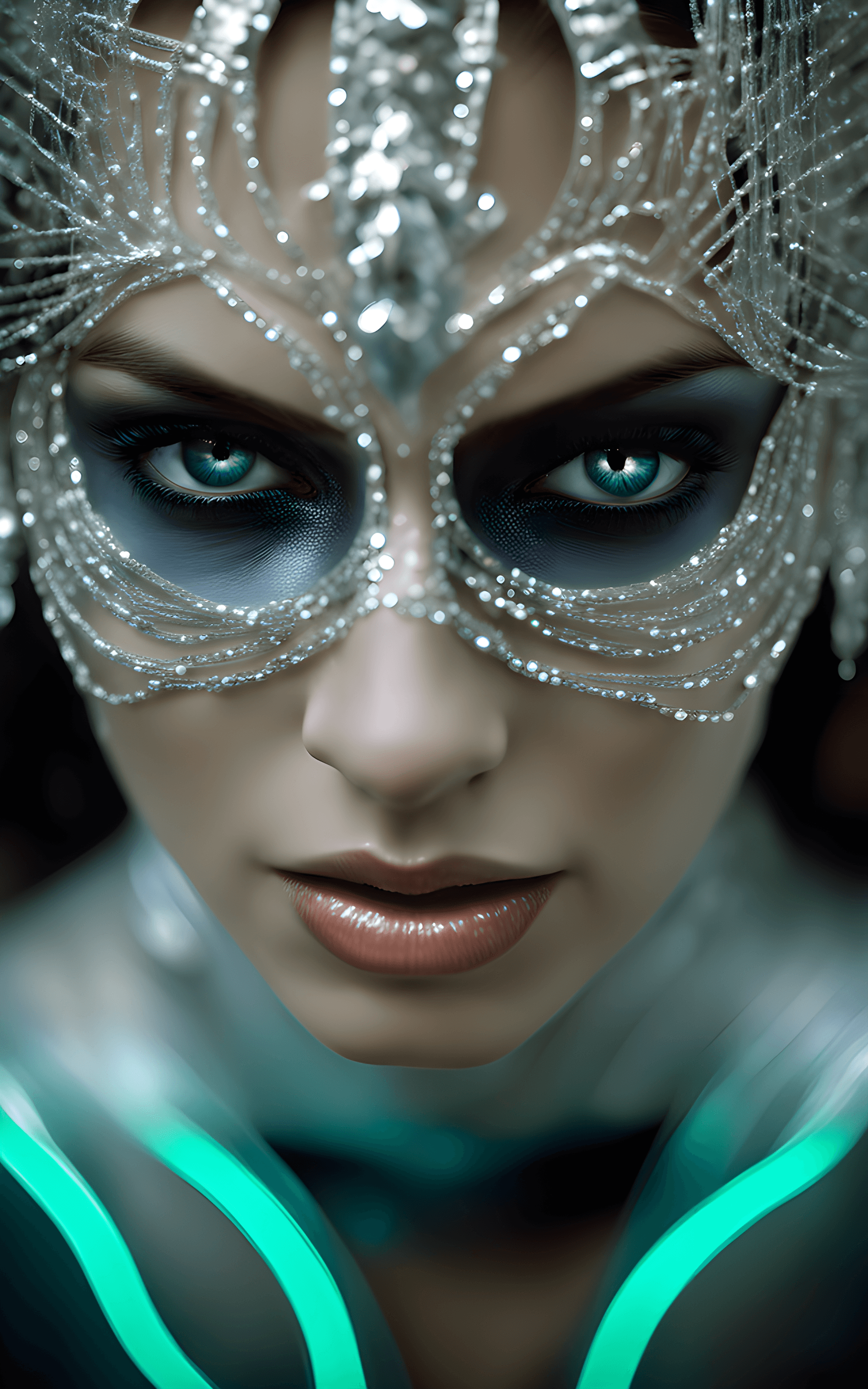 AI generated: Photoshoot closeup of gorgeous beauty that is hard to imagine Crazy dance at Masquerade Night Ball m...