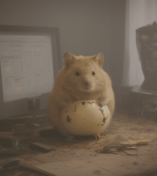AI generated: an extremely distressed and distraught golden hamster who is crying at a computer terminal and is ve...