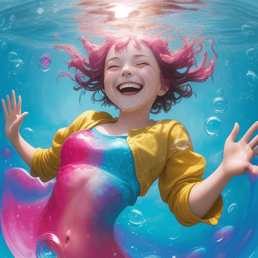 AI generated: a girl, laughing, surrounded by  colorful water bubbles