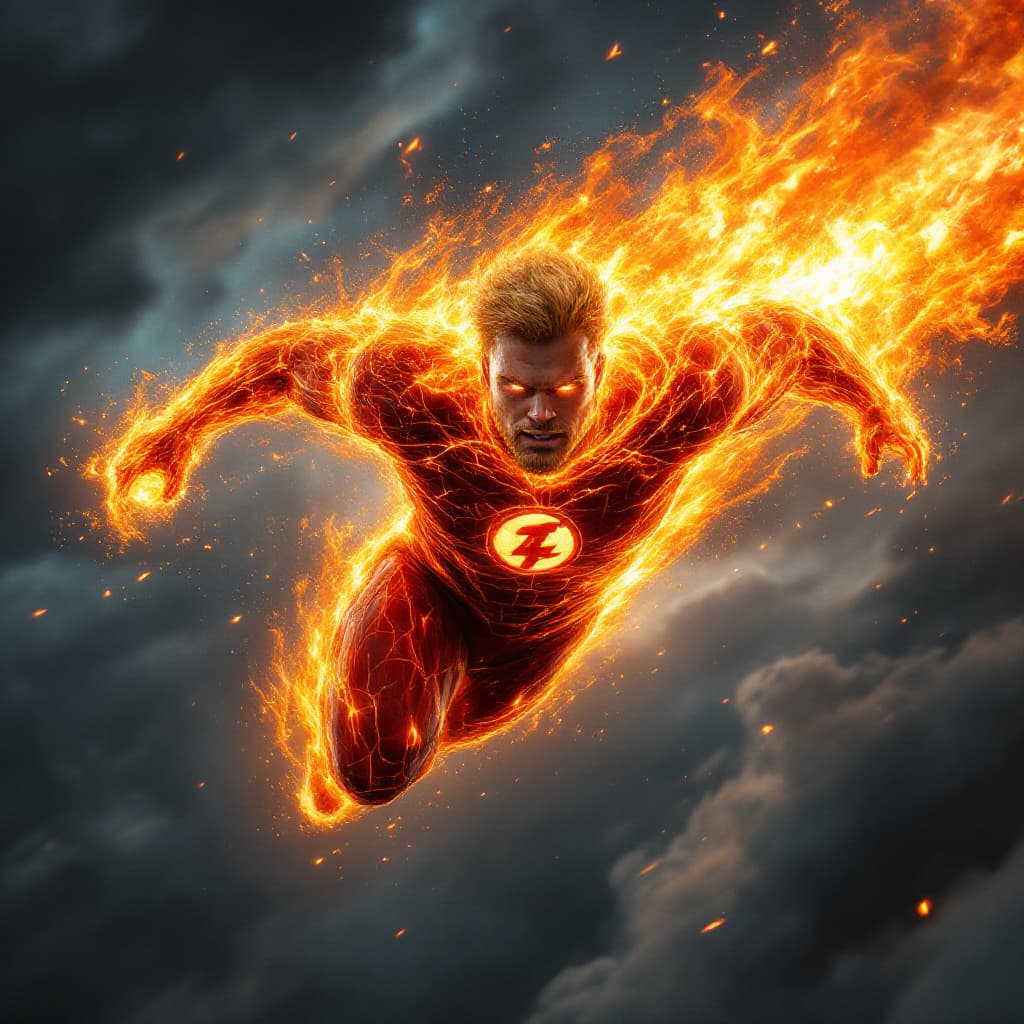 AI generated: "A hyper-realistic depiction of the Human Torch from the Fantastic Four speeding through the sky, en...