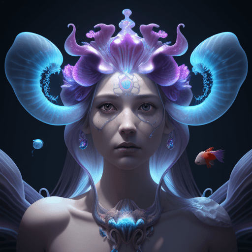 AI generated: Goddess close-up portrait ribcagel. jellyfish phoenix head, nautilus, orchid, skull, betta fish, bio...