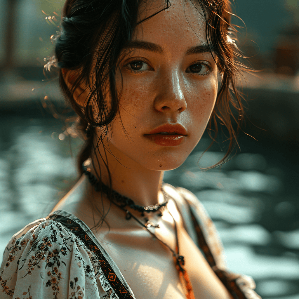 AI generated: a beautiful lady in a poses in front of a pool, in the style of hallyu, dark gray and light gray, go...