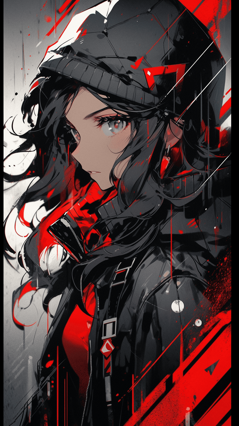 AI generated: a painting of woman with red and black stripes, in the style of manga style, stark black and white, ...