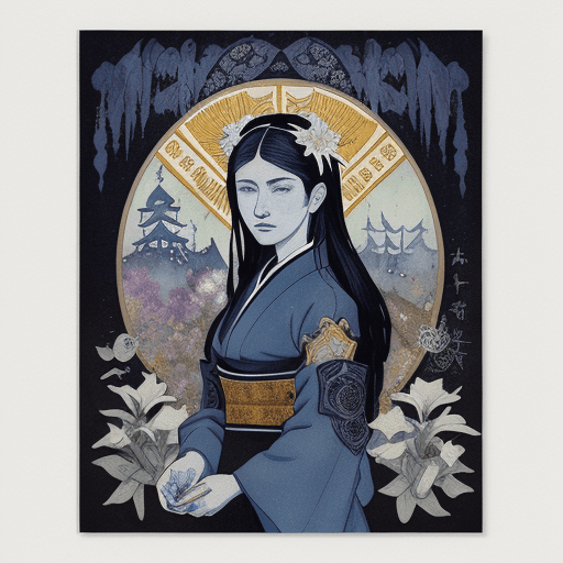 AI generated: Alexandra of the white lilies, sticker design::lost and found in an occult convention :: blue house,...