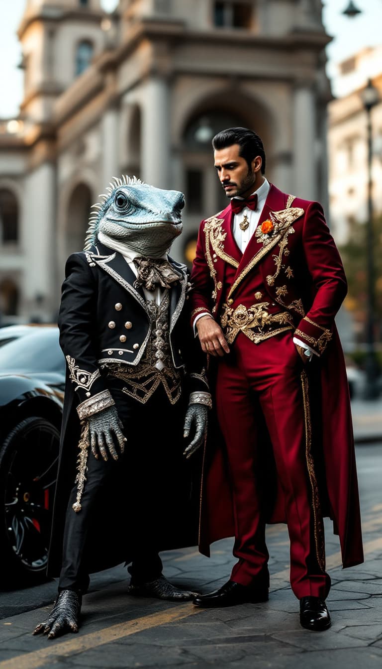 AI generated: A noble anthropomorphic Iguane in a luxurious black and silver mariachi suit, standing next to a cha...
