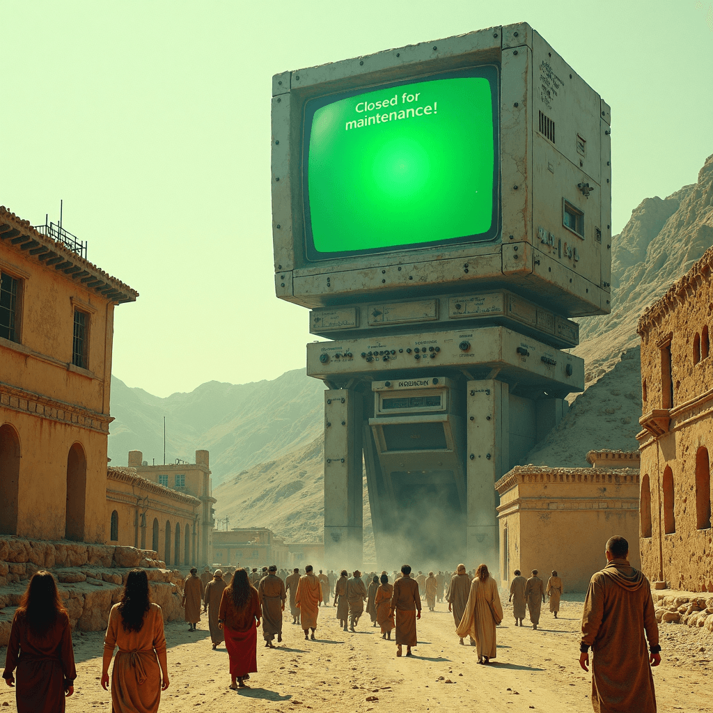 AI generated: in the middle of ancient greek settle village towering above the streets full of ancient people walk...