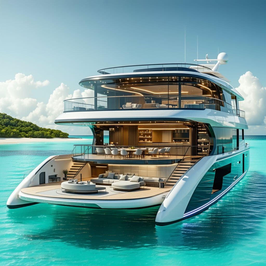 AI generated: Create a futuristic 75-foot houseboat design with large open windows showcasing a luxurious interior...
