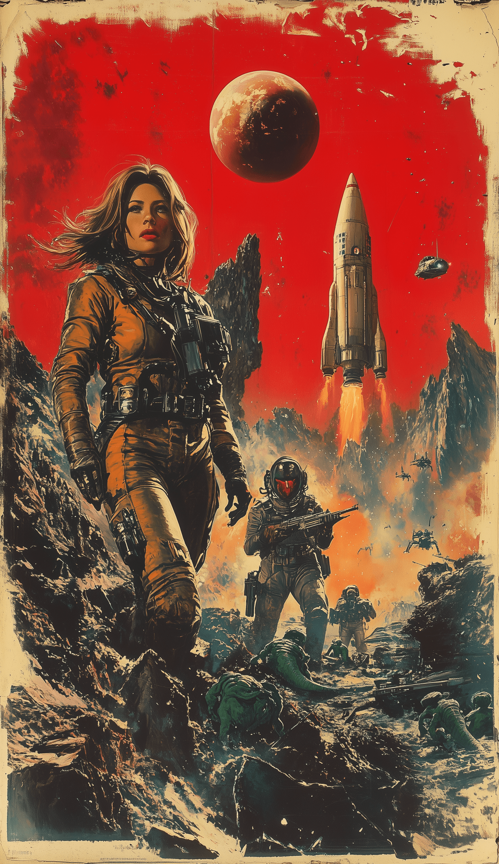 AI generated: A vintage pulp cover of an alien planet with two astronauts in space suits fighting green lizard peo...