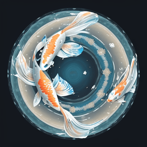 AI generated: ((Floating thru portals)) in the ((serene)) sky, a mesmerizing ((Koi fish)) takes shape as a majesti...