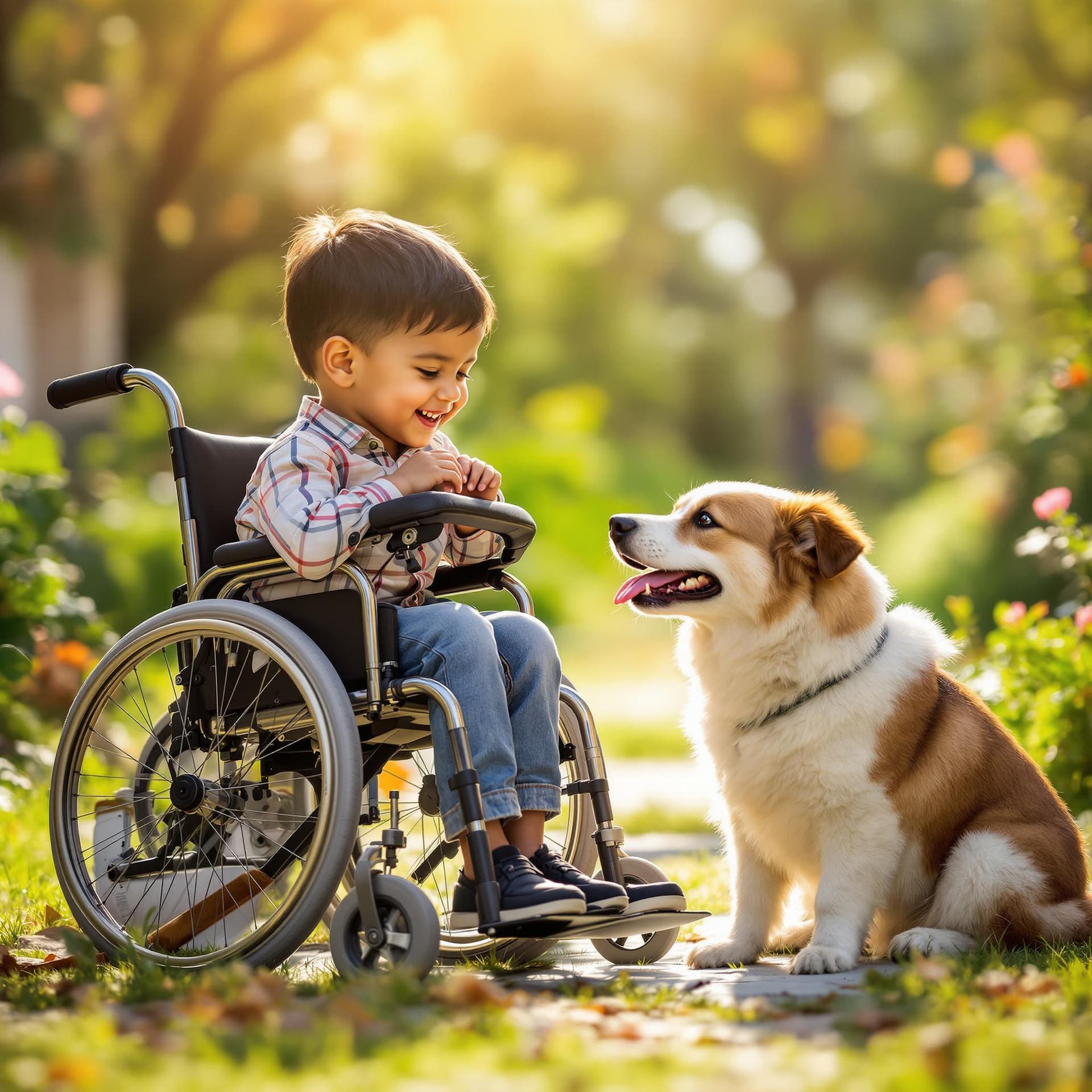 AI generated: Realistic photography image of an Indian child with a mobility aid playing with a dog in a sunlit ga...