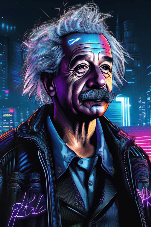 AI generated: digital illustration of albert einstein, cyberpunk, dark, dystopian, backlit, night time lights, hig...