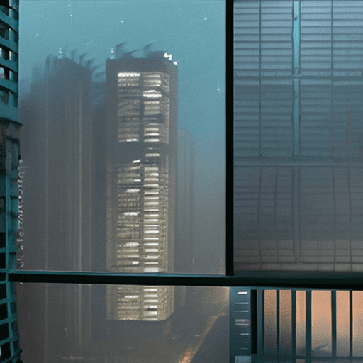 AI generated: "0": "(apartment with a window), (Blade Runner 2049), (dark), city view, dark weather, computer pane...