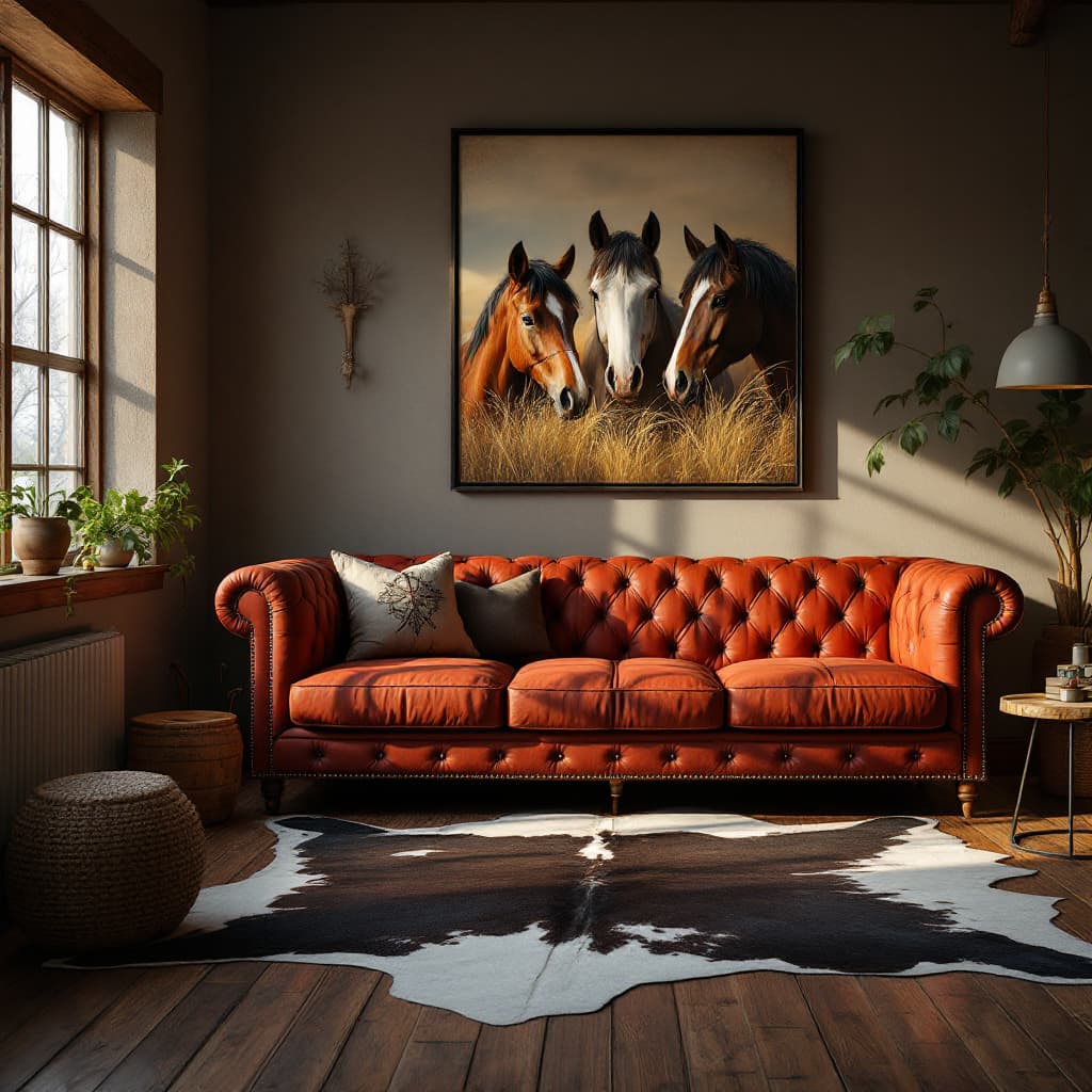 AI generated: photograph, comfy living room, morning, wood floor, cowhide rug, horses portrait, including a large ...