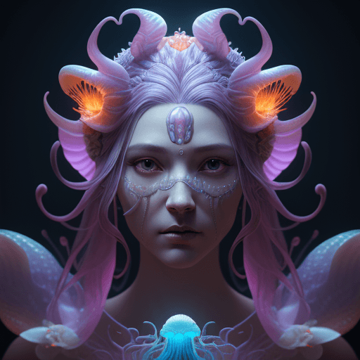 AI generated: Goddess close-up portrait ribcagel. jellyfish phoenix head, nautilus, orchid, skull, betta fish, bio...