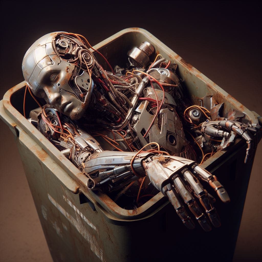 AI generated: broken cyborg thrown in the garbage, bald, destroyed, rust, mechanical, wires, photography, detailed...