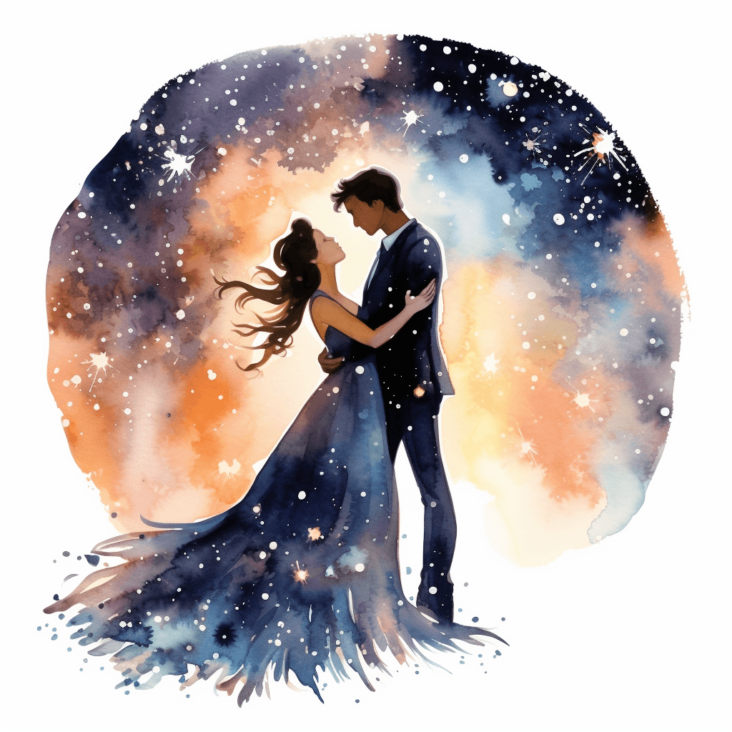 AI generated: A romantic watercolor clipart of a couple dancing under the stars - - style romantic - - ar 1:1