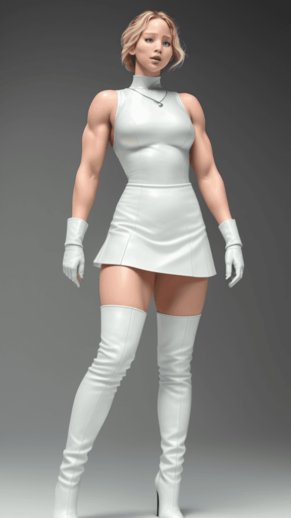 AI generated: Jennifer Lawrence as strong muscular woman, toned biceps, wears white Leather skirt, white Leather G...