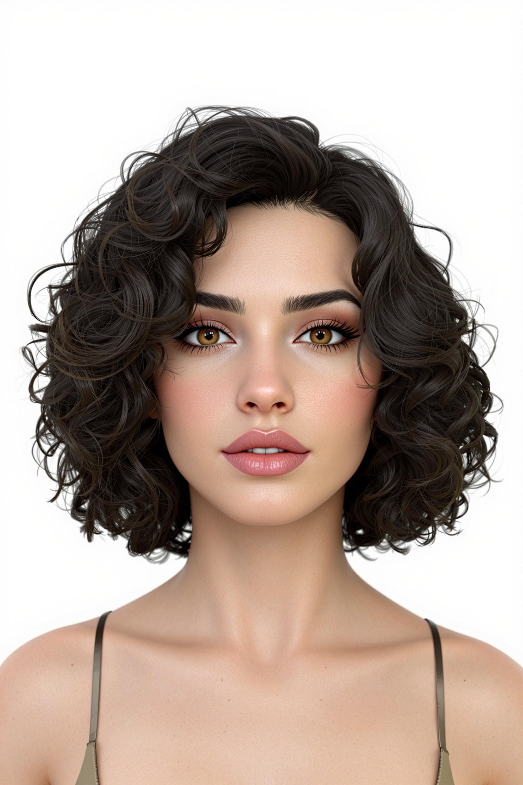 AI generated: un modèle aux cheveux noirs bouclés, dans le style de daz3d, gros plan, brumeux, ondulé, brun, tondo...