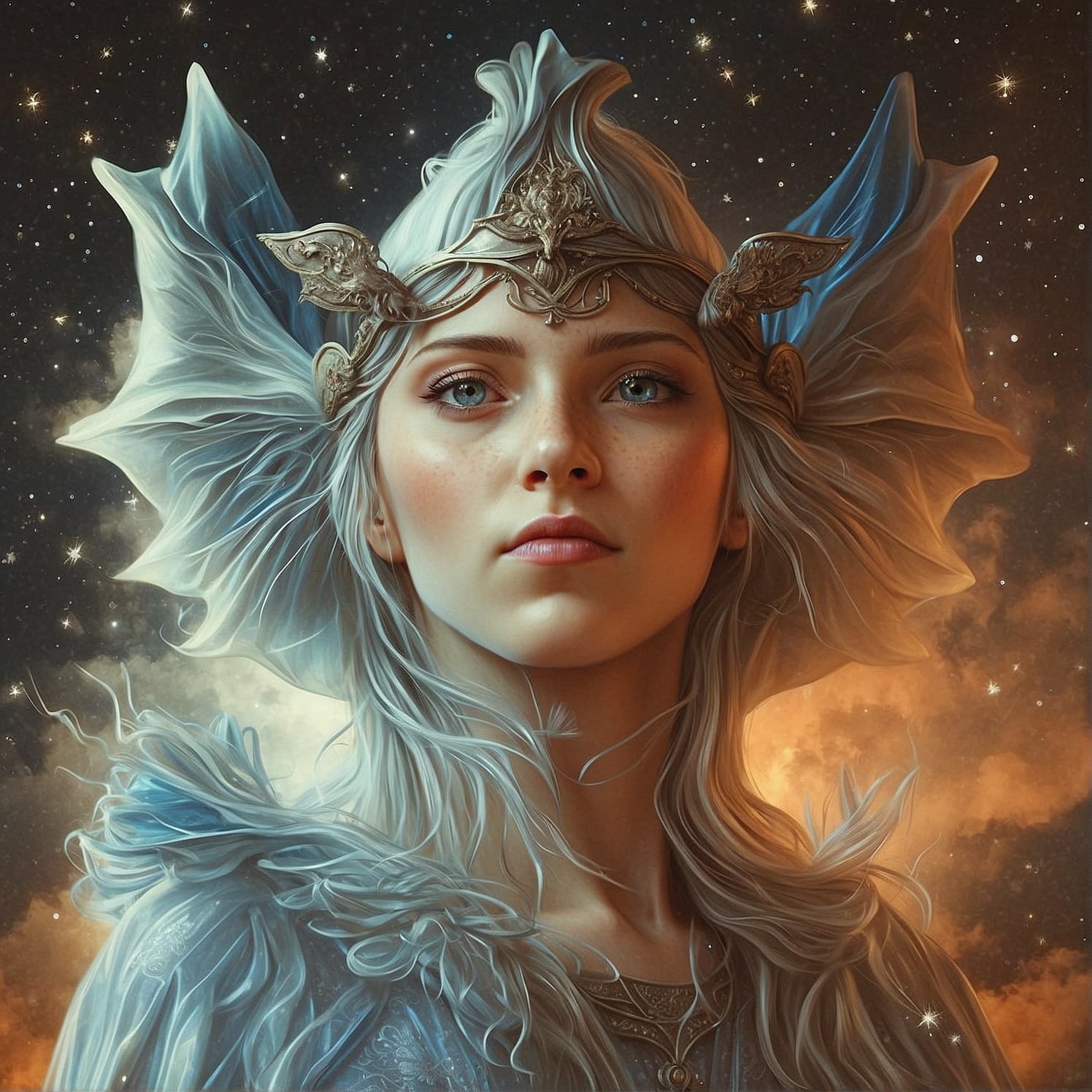 AI generated: "Create a photorealistic image of a celestial and angelic creature from the heavens. Pay meticulous ...