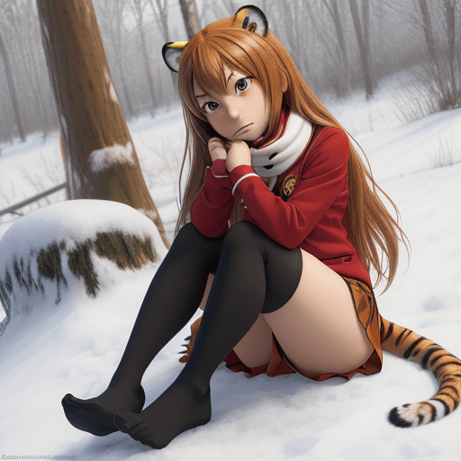 AI generated: toradora, taiga aisaka, anime, winter red school uniform, hand holding head, high detail body, low d...