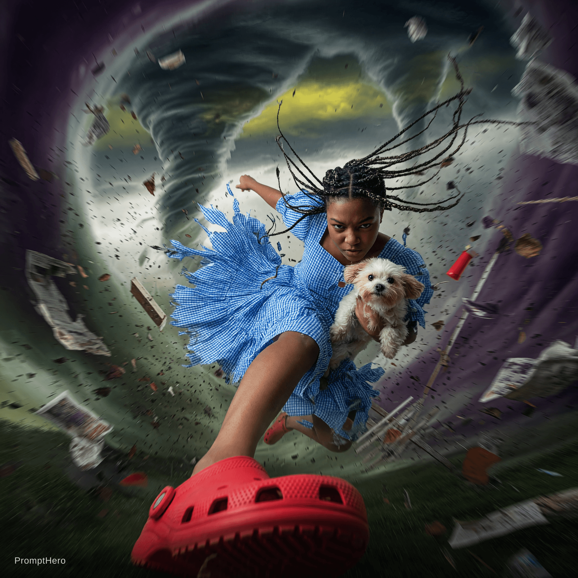 AI generated: {
  "scene": {
    "setting": "inside a swirling tornado",
    "mood": "dramatic and surreal",
    "...