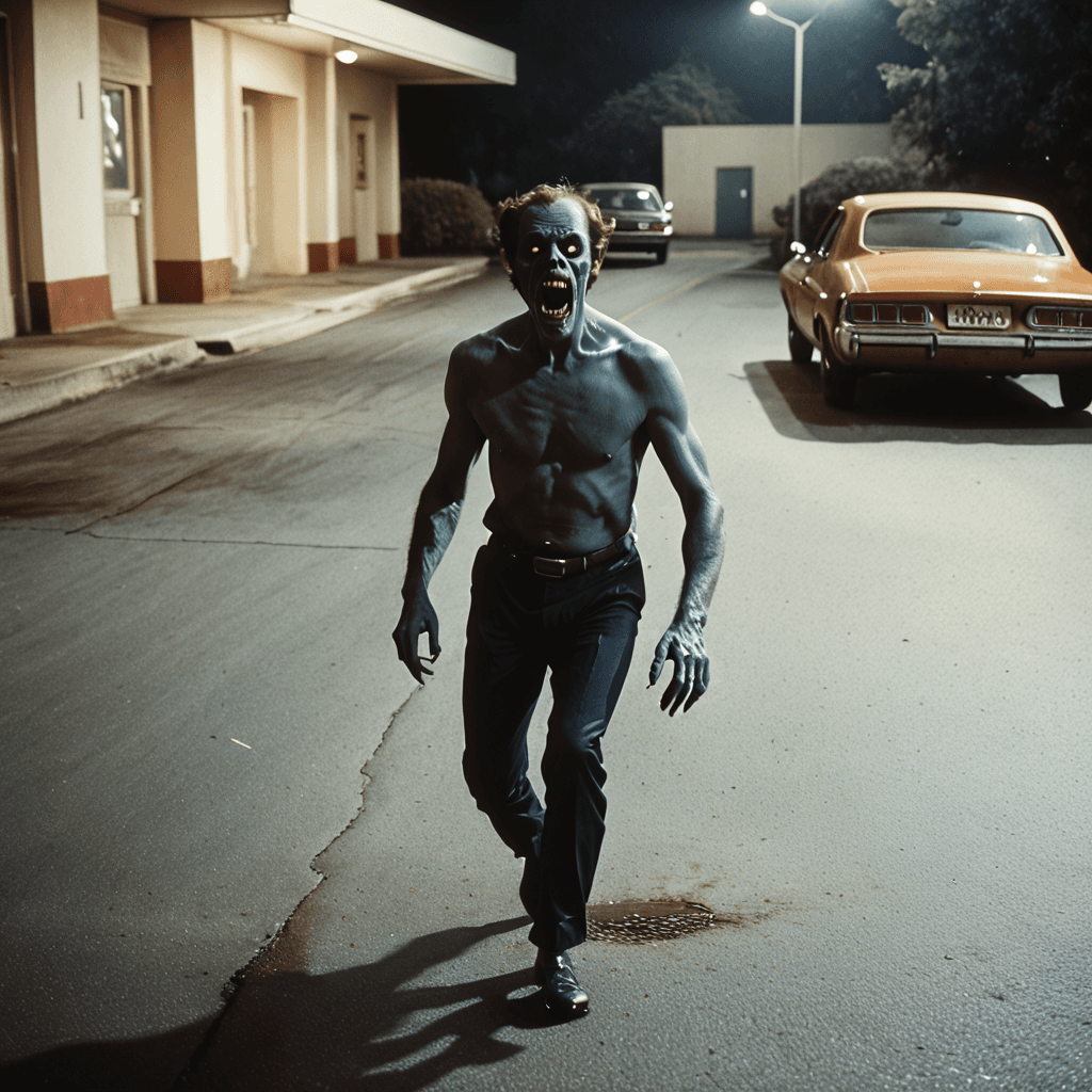 AI generated: A man being chased by his own shadow across a parking lot. The shadow is humanoid shaped with long f...