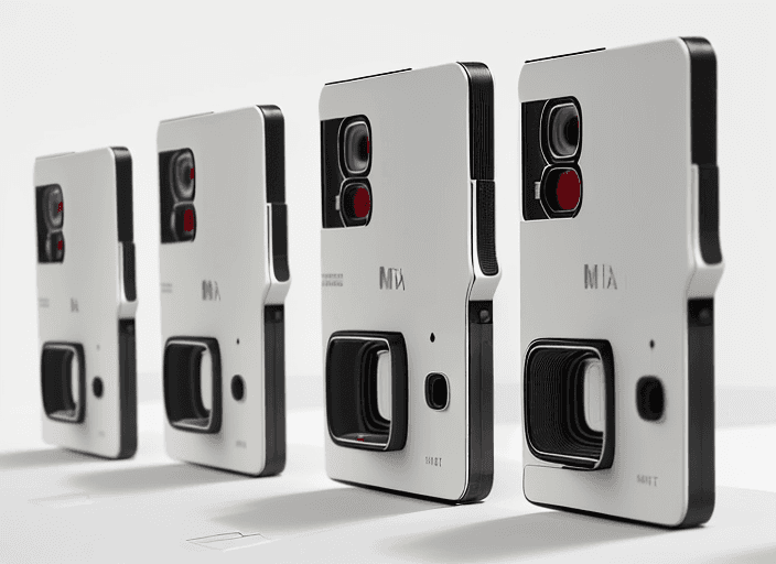 AI generated: Four different slim cameras, arranged in a line on a white surface, front view, photo realistic, hig...
