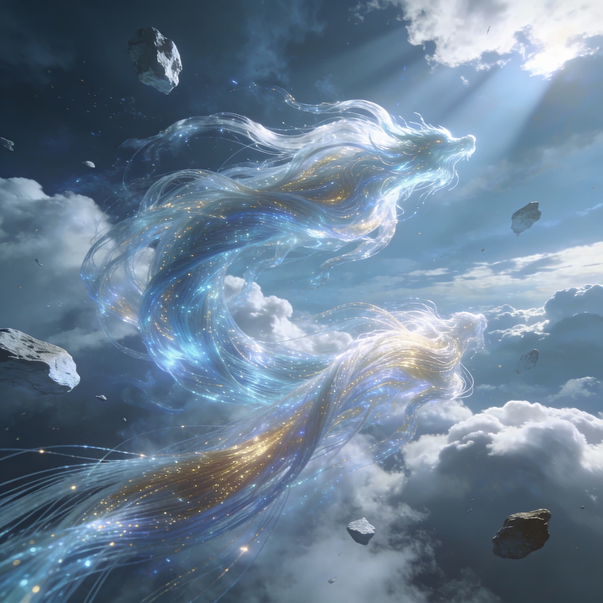 AI generated: A vertical photograph of a mystical realm of air. Swirling magical winds are visualized as flowing, ...