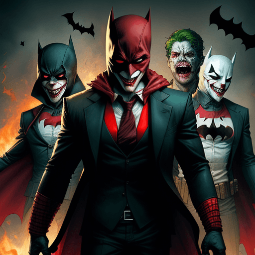 AI generated: "Red Hood" from DC comics surrounded by his young ghosts, laughing Joker, dead bloody batman, angry ...