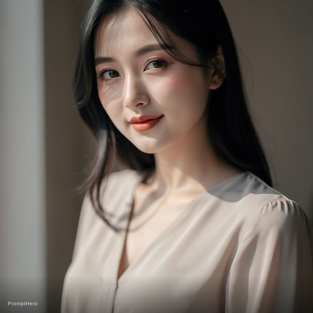 AI generated: Half-body portrait of an 18-year-old beautiful Asian girl with black hair, gazing lovingly at the vi...