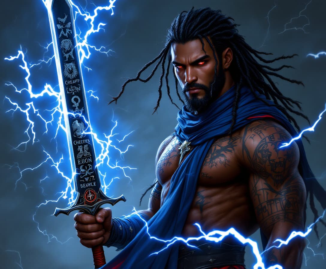AI generated: a man with dark skin, long black braids, black armor with red fabric, and a black sword with a red h...