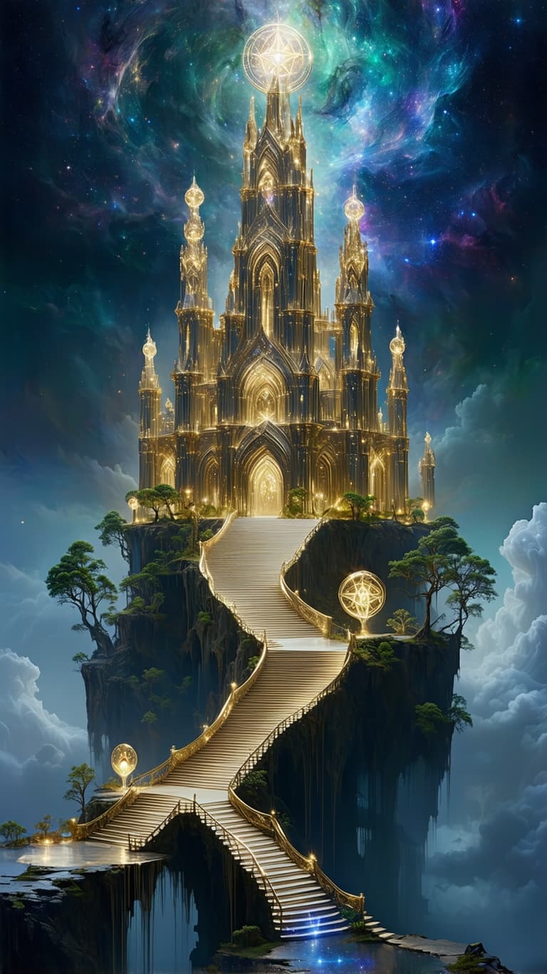 AI generated: A floating golden citadel, its towers formed from crystalline light, stands suspended in the cosmos....