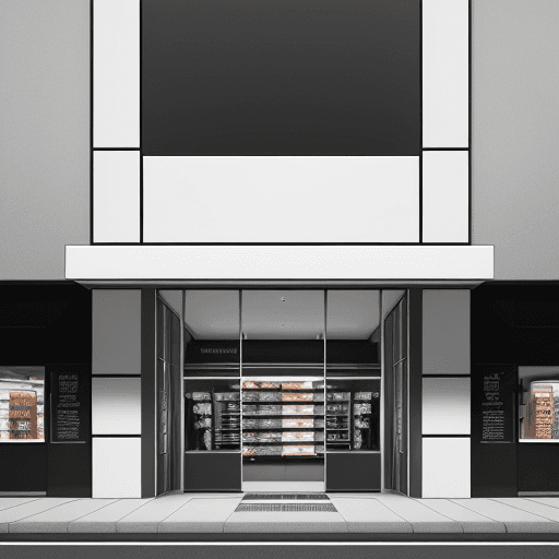 AI generated: photography, dynamic view, modernism mid-scale store facade design, Canon EOS 5D Mark IV, EF 24mm f/...