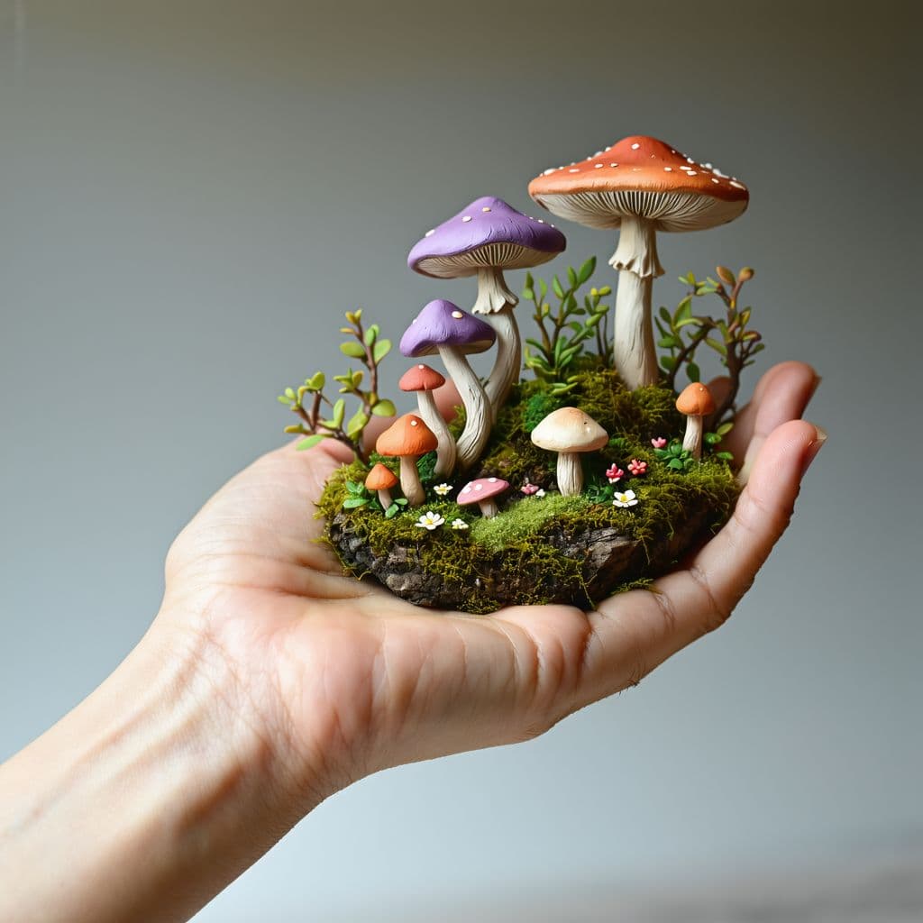 AI generated: A light beige, sculpted hand, positioned in the mid-frame, holds a miniature ecosystem.  The hand is...