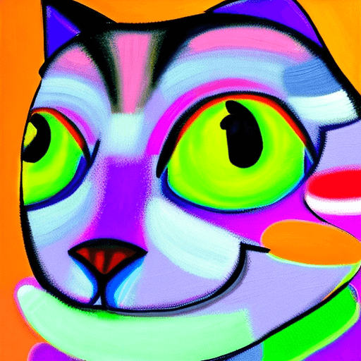 AI generated: artistic, oil painting art, purple color cat face, emerald green eye, simplify, expressive eyes and ...