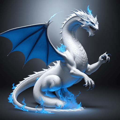 AI generated: white dragon, blue fire, exquisite realism, 32k uhd, photorealism photo, digital art