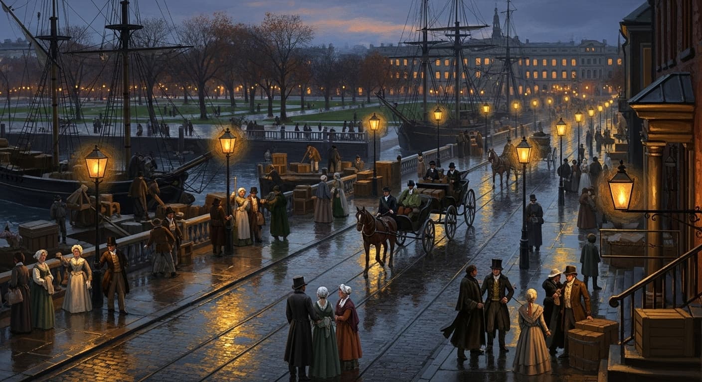 AI generated: A bustling Regency-era kingdom, bustling with gentry and workers on docks under oil lamps, ultra det...