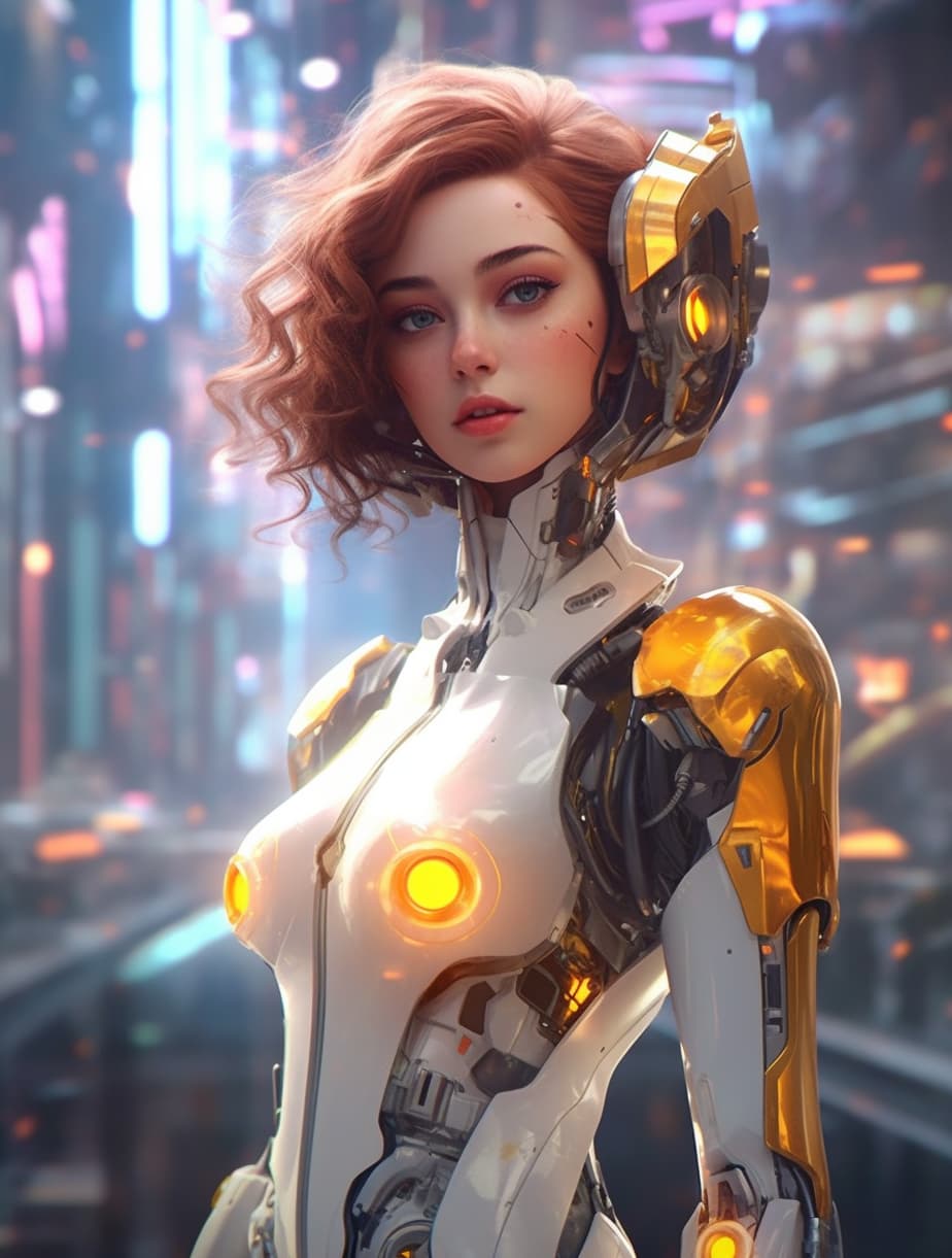 AI generated: Girls robots dressed in bright and flashy outfits reminiscent of Japanese anime, in a futuristic-cyb...