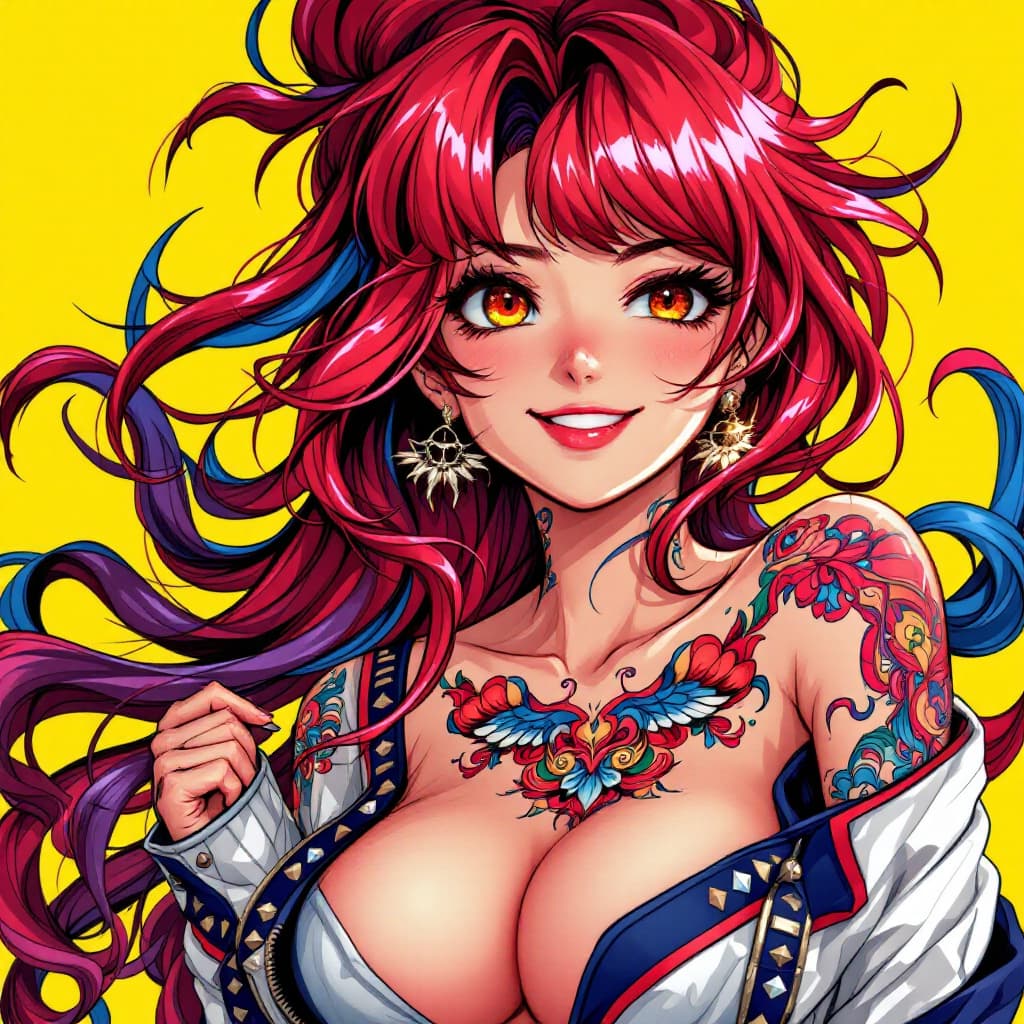 AI generated: Animestyle illustration of a female character with red and blue hair, wearing colorful tattoos on he...