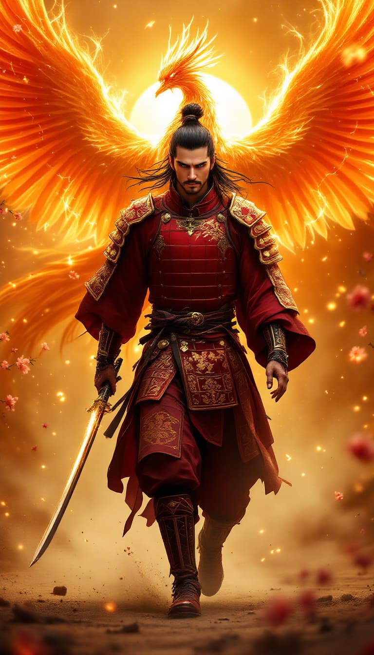 AI generated: An ultra-realistic, full-body portrait ,of a regal samurai strides forward toward the camera with me...