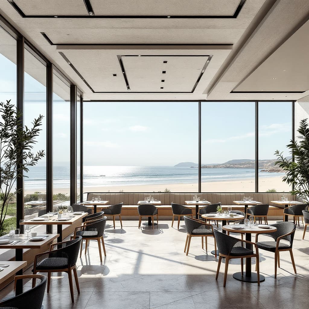 AI generated: modern Cafec omes restaurant in Cery, Beach view in background, dramatic lighting, sunny day, clear ...