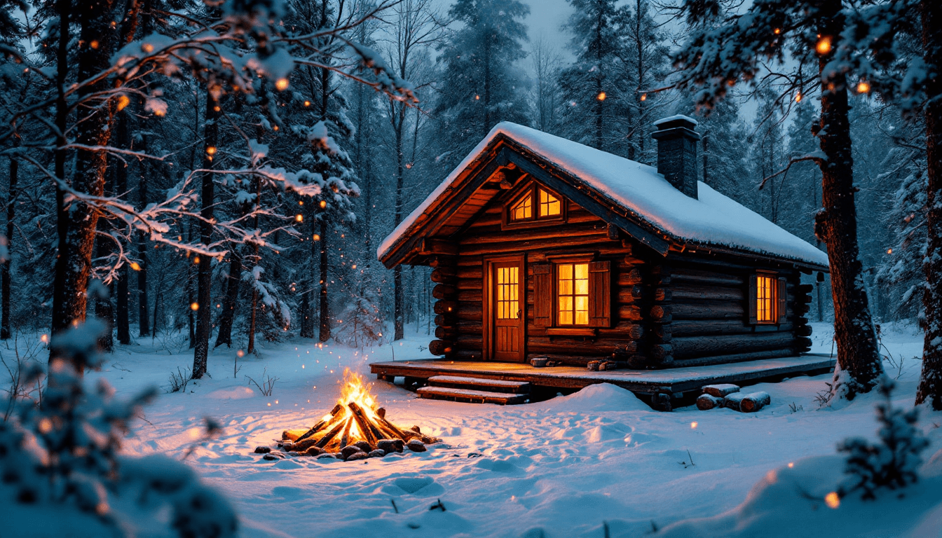 AI generated: Picture a cozy log cabin nestled deep in a tranquil winter forest, the snow blanketing the ground in...