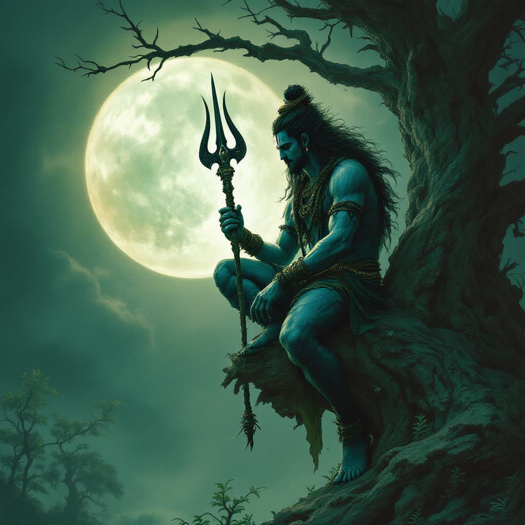 AI generated: A closeup of lord shiva figure sits on the edge of an old tree, holding a big trishul in one hand, u...
