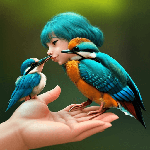 AI generated: cute girl gently kisses a kingfisher bird on its head. The bird resting on the person's finger and n...